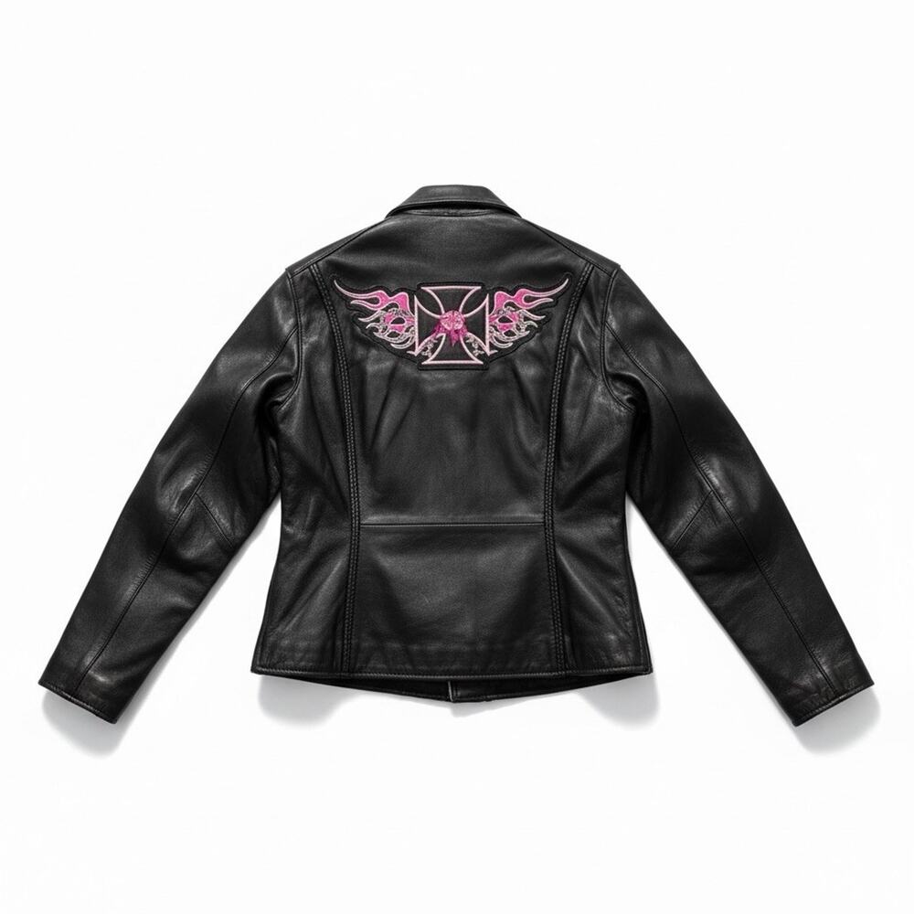Montana Leather Black Biker Jacket Iron Cross Pink Rose Patch Medium